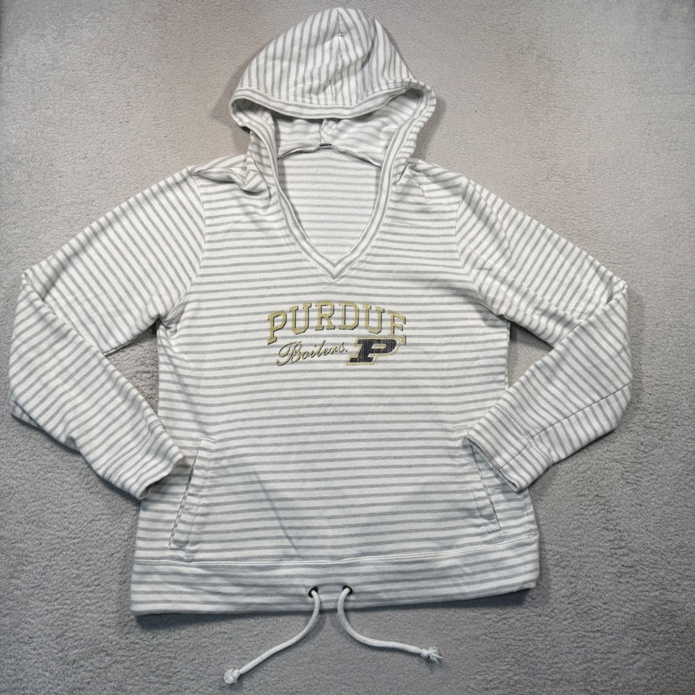 Vintage Y2K Purdue Boilers Hoodie Womens L Grey White Striped French Terry